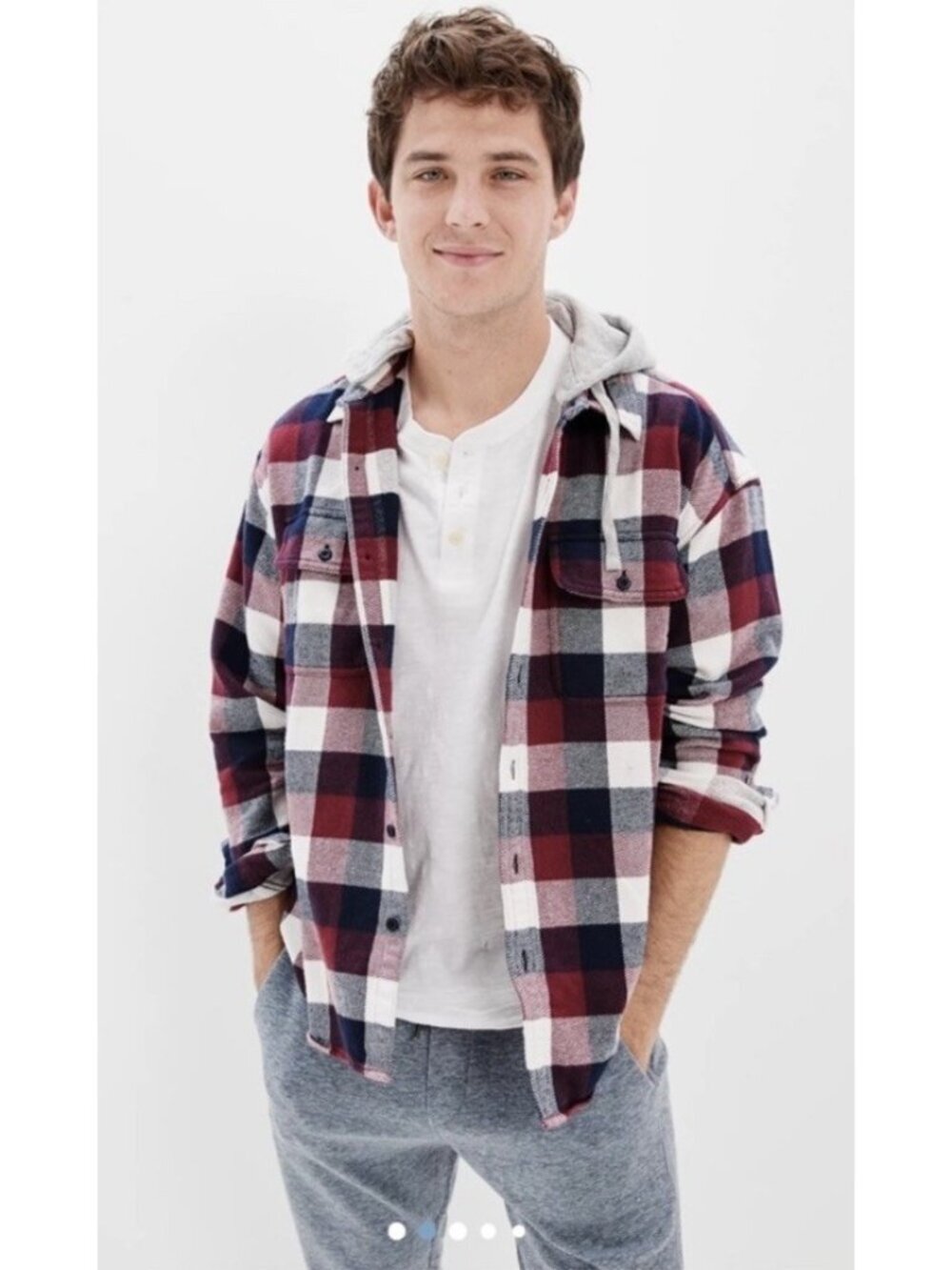 AE American Eagle Men's Sz L Hooded Red Blue Plaid Flannel Shirt Removable Hood